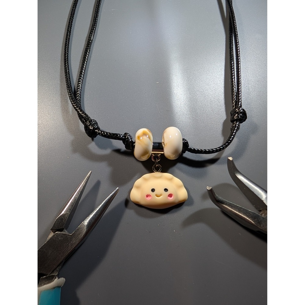 Kawaii Smiling Dumpling Charm Necklace Adjustable Black Cord Gyoza Food Jewelry